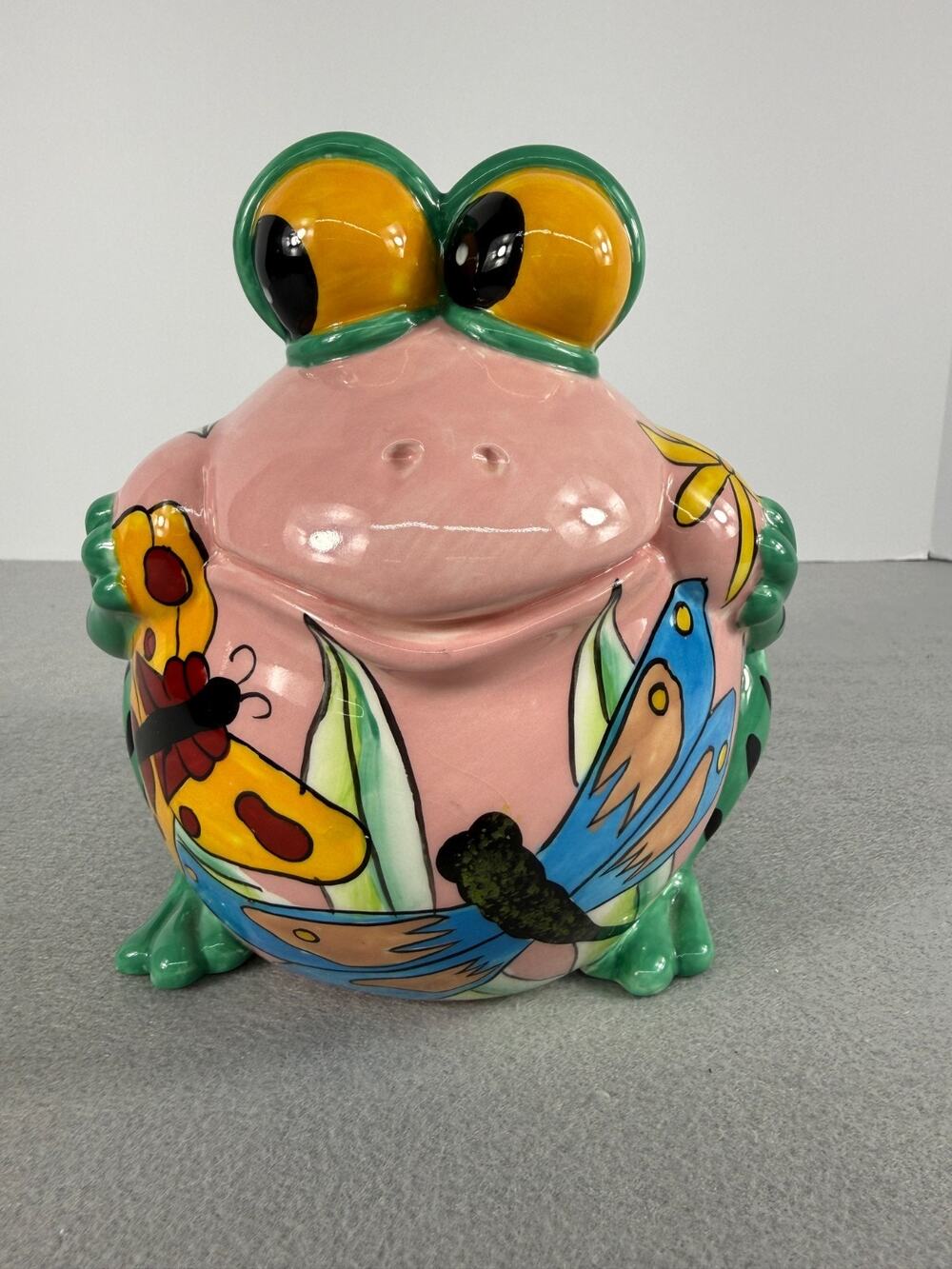 Vintage Hand-Painted Ceramic Frog Piggy Bank Large Colorful Butterfly Dragonfly